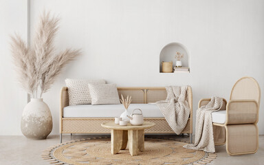 Boho style living room with wicker chair,sofa,table and pampas in the pot on white wall background.3d rendering © manow