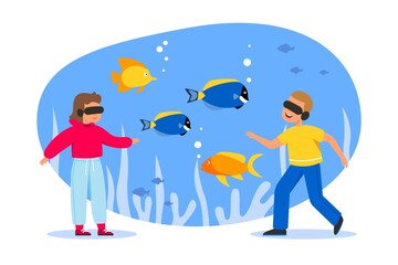 Kids in virtual reality. Teenagers in digital world watching fish, interactive gaming, boy and girl in vr glasses, entertainment and education industry, vector isolated concept