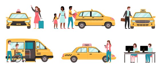 People and taxi. Men and women interact with service, selecting and calling, boarding customers, baggage loading, city yellow transport, auto for disabled person vector isolated set © YummyBuum