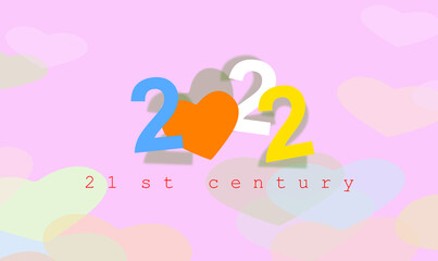 2022 21st century with a heart inserted in the text. Illustration with background of random symbols of passion on a pale pink color. Lots of love. Colorful modern design banner.