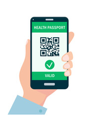 Hand holding smartphone with Health Passport QR-code on the screen. Covid-19 immune passport. Digital vaccine certificate or test result. Safe travelling concept flat vector illustration.