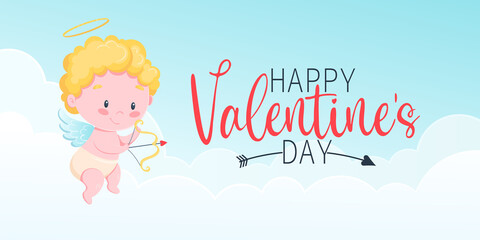 Happy Valentine's Day poster with cartoon angel cupid, on a blue background and obaks. Festive background for February 14 with hand-lettering. Vector design for postcards, promotional materials