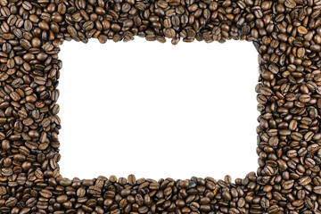 roasted dark coffee beans with an empty white copy space in the center , ideal for cafe or menu design