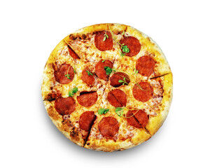 pepperoni pizza with greens isolated on white background, for menu or advertising projects, top view, copyspace