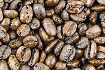macro roasted dark coffee beans close-up, ideal for cafe or menu design, top view