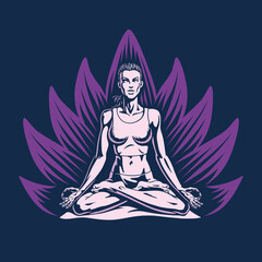 Young attractive woman sitting in the lotus pose on a mat. Meditation, relaxation or yoga concept. Vector illustration.