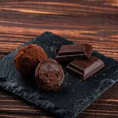 Homemade fresh energy truffle chocolate candies with cocoa powder
