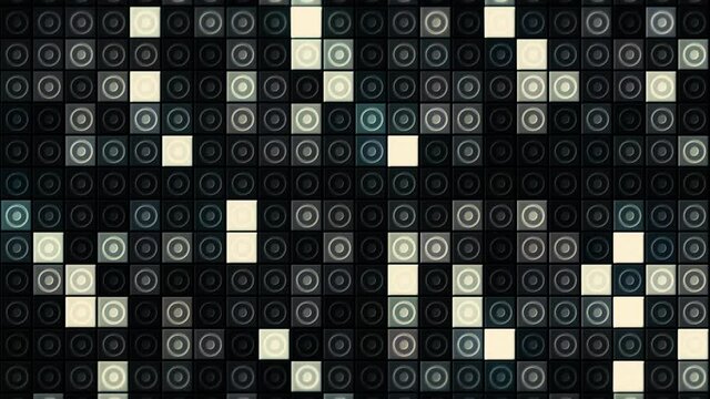 Abstract black and white checkered background. Motion. Geometric pattern with blinking monochrome squares and circles.