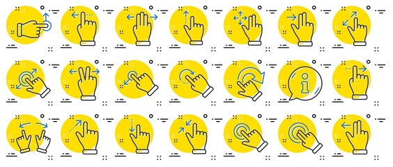 Touchscreen gesture line icons. Hand swipe, Slide gesture, Multitasking icons. Touchscreen technology, tap on screen, drag and drop. Smartphone mobile app or user interface. Info center bubble. Vector