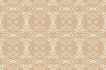 Artistic embossed beige background, cover design. Stylish geometric 3D pattern with handmade elements. Ethnic creativity of the peoples of the East, Asia, India, Mexico, Aztec.