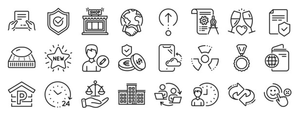 Fototapeta na wymiar Set of Business icons, such as Divider document, Customer satisfaction, Working hours icons. Savings insurance, 24 hours, Receive file signs. Justice scales, Edit person, Parking. Mattress. Vector