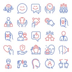 Fototapeta premium People icons set. Included icon as User info, Like, Puzzle signs. Face cream, Electronic thermometer, Human symbols. Hold t-shirt, Businessman, Vote. Head, Hold heart, Teamwork. Face id. Vector