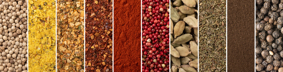 Collage of assorted seasonings and spices. Assorted seasonings and spices in panoramic format