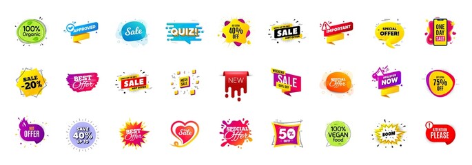 Naklejka premium Best sale offer banners. Discounts price deal stickers. Special offer 3d bubble. Promotion sale tag coupons. Quiz bubble banner. Best discount deal sticker templates. Promotion Ad labels. Vector