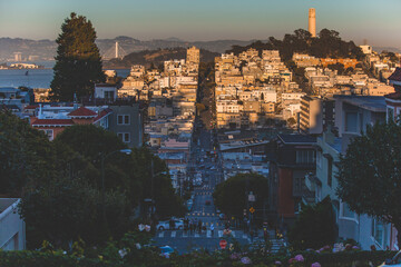 North Beach, Coit Tower, and the residential area of Telegraph Hill, photographed from the top of iconic Lombard Street in the Russian Hill, in San Francisco, California on the afternoon