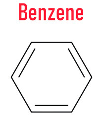 Benzene or Cyclohexatriene aromatic hydrocarbon molecule. Important in petrochemistry, component of gasoline. Skeletal formula.