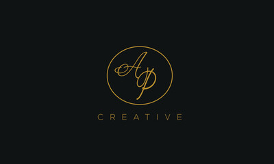 AP is a stylish logo with a creative design and golden color with blackish background.