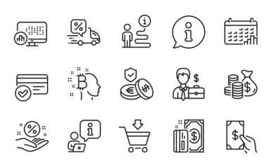 Finance icons set. Included icon as Online market, Delivery discount, Loan percent signs. Bitcoin think, Payment, Report statistics symbols. Calendar graph, Coins bag, Receive money. Vector