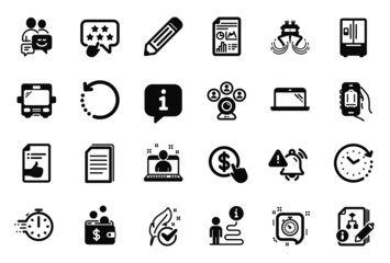 Vector Set of Technology icons related to Baggage app, Copy files and Refrigerator icons. Timer, Video conference and Approved document signs. Algorithm, Ranking star and Pencil. Bus, Ship. Vector