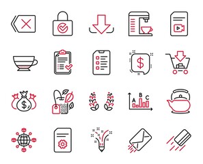 Vector Set of line icons related to Teapot, Coffee machine and Download icons. Laurel wreath, Survey results and Remove signs. Credit card, Password encryption and Check investment. E-mail. Vector
