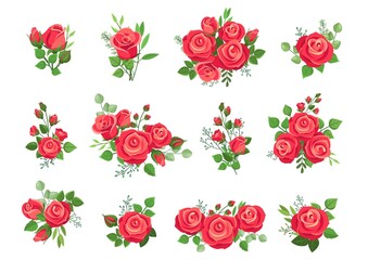 Red roses bouquets. Rose collection, bouquet with flowers and green branches. Wedding decor, isolated floral compositions for cards and invitation, vector set - obrazy, fototapety, plakaty