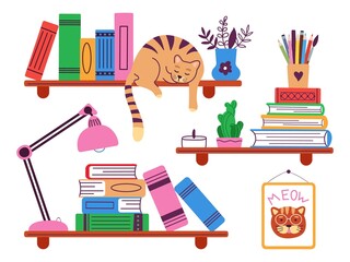 Bookshelves. Isolated shelf with book and sleeping cat. Home library, books in cabinet. Flat house office elements, cozy reading decent vector illustration