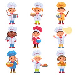 Children cooks. Little chefs with kitchen tools. Boys and girls cooking food. Cookers hats and workwear. Professional training. Kids baking cakes or bread. Vector cuisine workers set