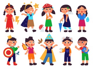 Emotional kids. Kawaii children emotion, cute kindergarten boys and girls expression. Cartoon child with tiny friends, birds, mushroom, star