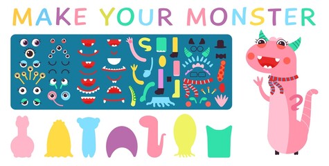 Create monster. Creation kit for kids, children play with eyes, body and mouth. Monsters game, parts of body and face. Funny elements decent vector set © MicroOne