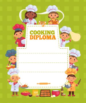 Kids cooking class certificate. Chefs diploma. Children around apron silhouette. Baking and culinary training course. Food preparation education. Boys and girls in uniform. Vector concept