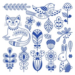 Blue folk finnish. Swedish design borders, ornament scandinavian folklore art. Rustic decor, nordic nature floral elements. Cat, bird and rabbit nowaday vector set - obrazy, fototapety, plakaty
