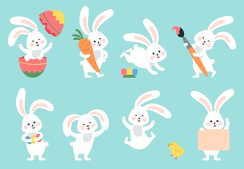 Obraz premium Cartoon easter bunny. Rabbit hiding, bunnies with eggs and flowers. Cute springtime characters, hare painted and chicken. Seasonal holidays decent vector animals