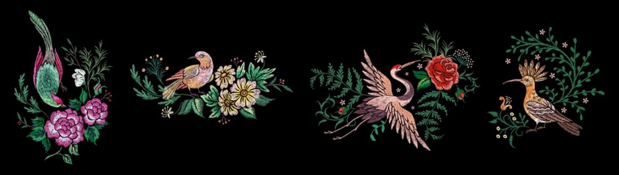 Birds embroidery templates. Romantic bird oriental print. Handmade silk stitch floral compositions for tshirt design. Exotic stitched flowers nowaday vector set