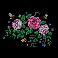 Bee and flowers embroidery. Botanical bedding silk stitch rose with flying bees. Insect and bouquet, fashion mascot ornament. Nowaday floral vector patch