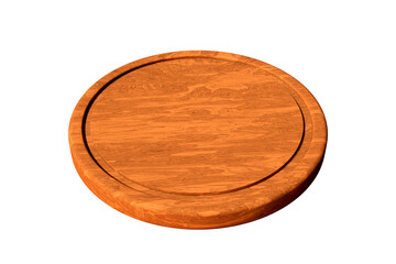 Round wooden pizza board  isolated on white background. Circle wooden table for pizza. Top view. 3D render illustration.