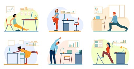 Office exercise. Sport on workplace. Workers do warm up. Employee stretch out. Fitness exercising during operation. Body care. People training with workspace furniture. Vector persons set