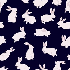 Funny bunny seamless pattern. Rabbits cartoon textile print, cute bunnies wallpaper. Pretty cartoon wild animals characters for kids, vector background
