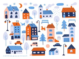 Houses city elements. Tiny cozy homes, park and street objects. Small funny residential buildings. Cars on roads. Outdoor benches. Trees and fences. Cats and dogs. Vector landscape set