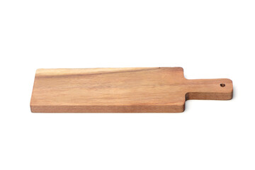 Wooden cutting board isolated on white background. Kitchen equipment for cooking.