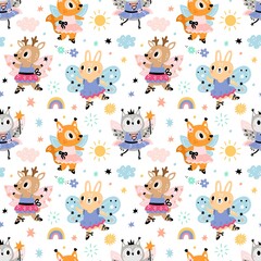 Ballerinas animals pattern. Little cute fairy girls. Forest princesses with dresses and magic wands. Dancing squirrels and rabbits. Winged dancers. Vector seamless cartoon background