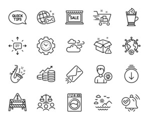 Vector set of Court jury, E-mail and Quickstart guide line icons set. Shopping cart, Latte coffee and Windy weather icons. Sms, Video conference and Delivery warning signs. Vector