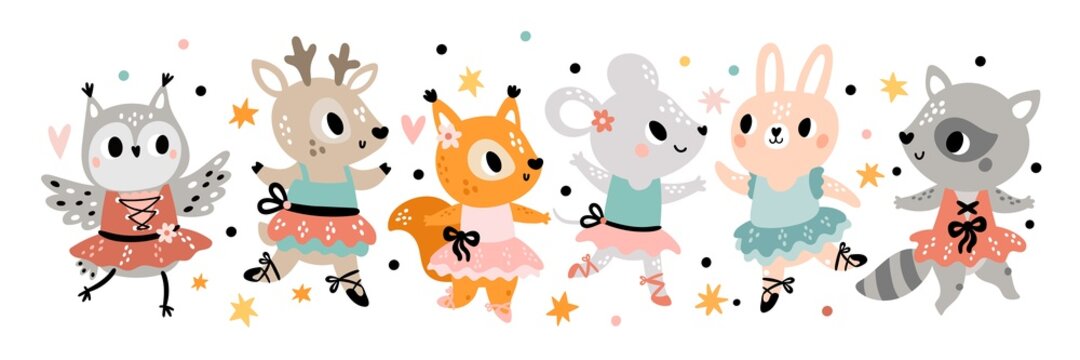Cute animals ballerinas. Funny girly dancers. Pretty bunny. Squirrel and fawn in delicate dresses, tutus and pointe shoes. Isolated cartoon princesses. Vector dancing characters set