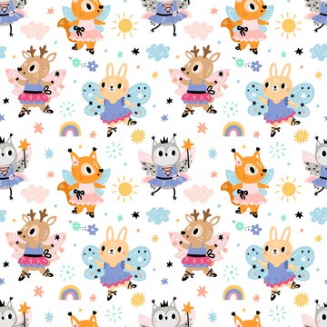 Ballerinas animals pattern. Little cute fairy girls. Forest princesses with dresses and magic wands. Dancing squirrels and rabbits. Winged dancers. Vector seamless cartoon background