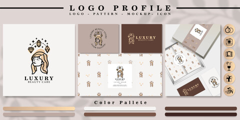 elegant woman head logo branding with pattern and icon set