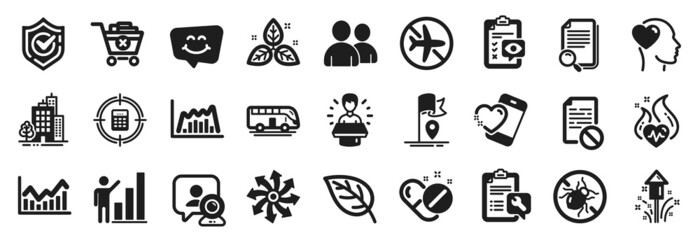 Set of Business icons, such as Flag, Spanner, Infochart icons. Graph chart, Cardio training, Medical pills signs. Bed bugs, Smile chat, Buildings. Bus tour, Heart, Users. Friend, Confirmed. Vector
