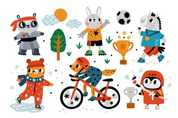 Sport animals. Cartoon athletes characters with equipment. Penguin playing hockey. Football or karate. Healthy lifestyle motivation. Fox on bicycle. Skiing and running. Vector sportsmen set