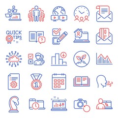 Education icons set. Included icon as Work home, Meeting time, Time management signs. Quick tips, Teamwork, Sound check symbols. Startup, Calendar, Mail newsletter. Technical documentation. Vector