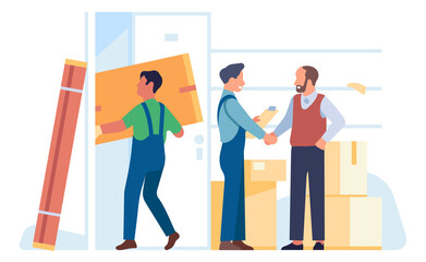 Movers taking packed boxes. Shipping delivery service