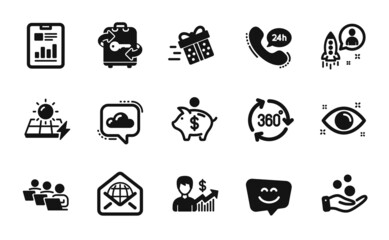 Vector set of Luggage, Health eye and Report document icons simple set. Piggy bank, Donation money and Solar panels icons. Business growth, 360 degree and Smile face signs. Vector