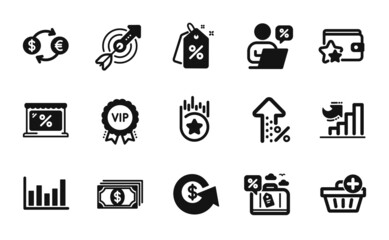 Vector set of Increasing percent, Dollar exchange and Market icons simple set. Target, Travel loan and Vip award icons. Add purchase, Currency exchange and Loyalty star signs. Vector